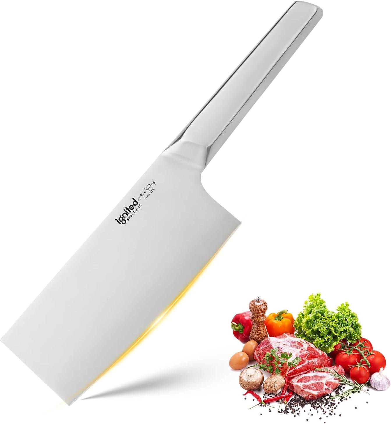 7 inch Meat Cleaver, One-piece All-Metal Cleaver Knife, German 1.4116 High Carbon Stainless Steel Kitchen Knife, Chinese Cleaver with Hollow Handle
