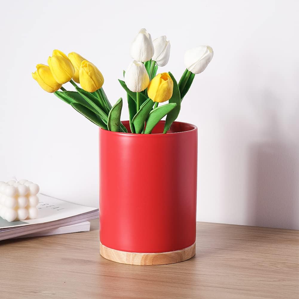 Sweejar Kitchen Utensil Holder with Wooden Bottom, 8.2" Ceramic Utensil Crock to Hold Spatulas for Cooking Countertop, Housewarming, Wedding, Birthday Gift (Red)