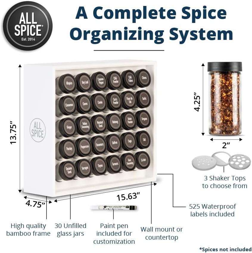 AllSpice Spice Rack Organizer, Wood, 525 Unique Labels, Countertop or Wall Mount, Includes 30 4oz Jars- Matte White