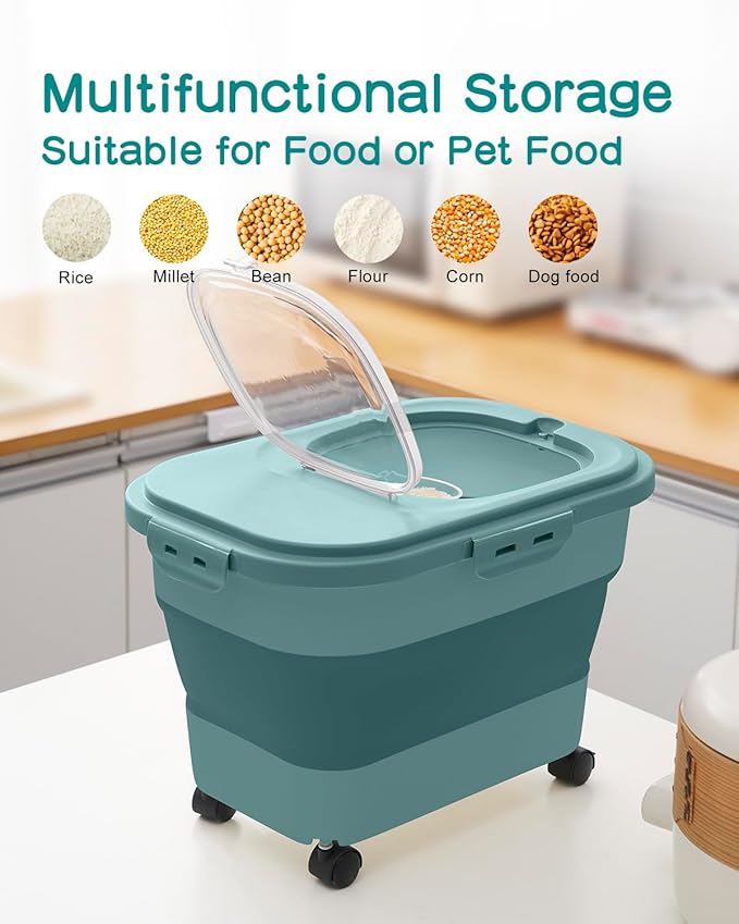 20-30 Lbs Rice Storage Container,Collapsible Food Storage Containers with Rolling Wheel Airtight Locking Lid,Flour Storage Container with Cup and Scoop,Suitable for Food,Rice,Pet Food,Flour