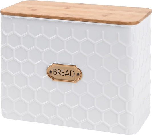 NIKKY HOME Extra Large Space Saving Farmhouse White Bread Box With Bamboo Lid - Holds 2 Loaves - Vertical Breadbox Bread Storage Bin Holder for Kitchen Countertop, Honeycomb Embossed Pattern