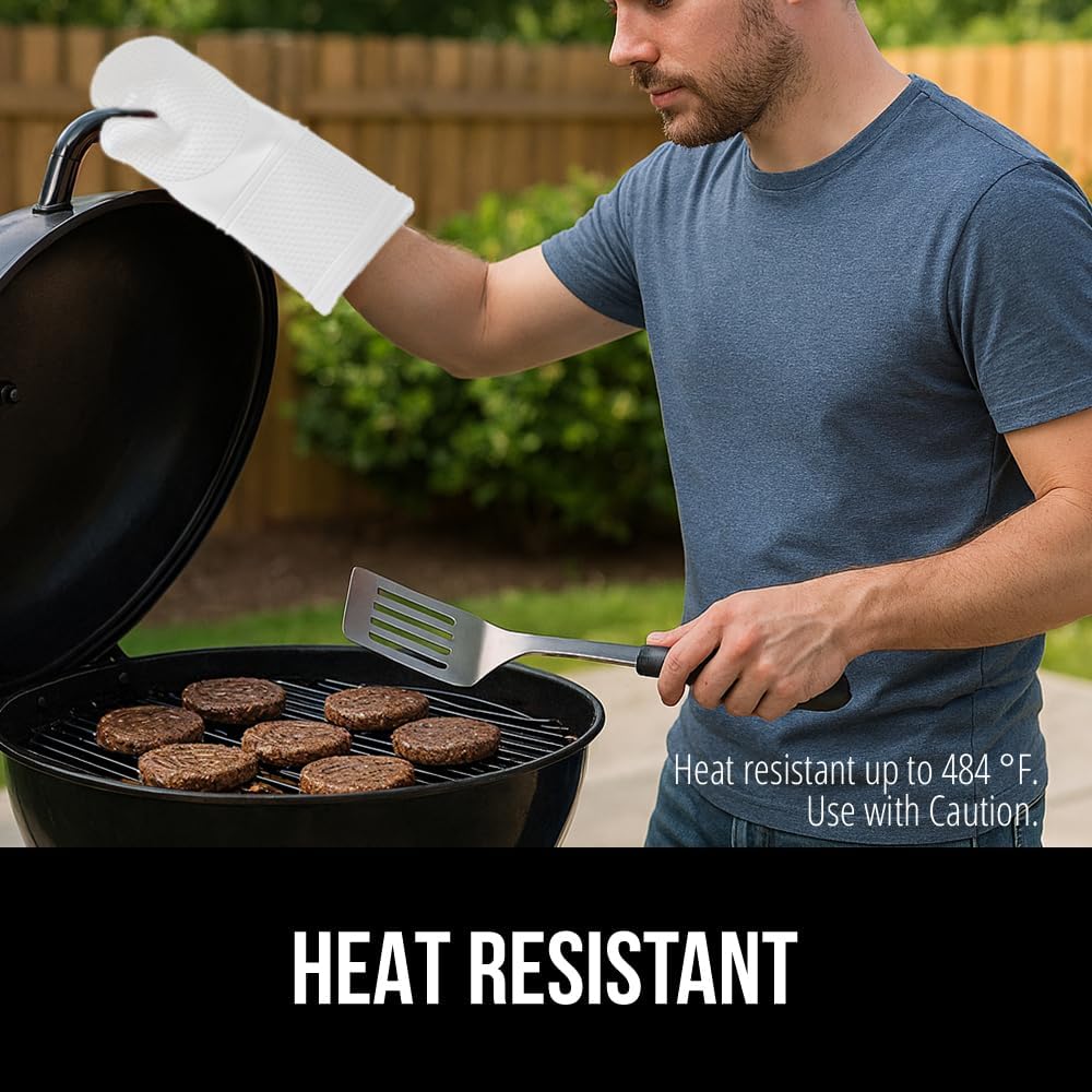 GORILLA GRIP BPA-Free Soft Silicone Oven Mitts, Heat Resistant and Waterproof Cooking Gloves, Thick Cotton Lining, Flexible Gripping for Baking Grilling, Kitchen Potholders Set of 2, 12.5x8.3, White