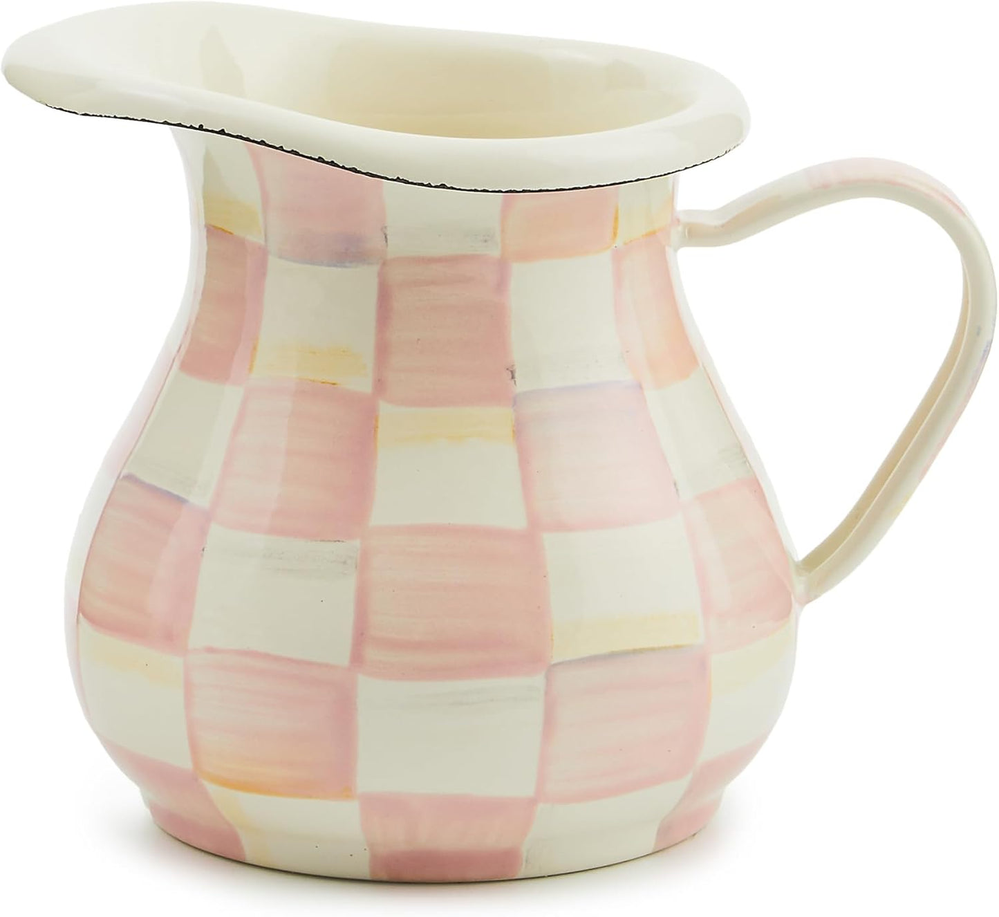 MACKENZIE-CHILDS Enamel Creamer, Creamer Dispenser with Pour Spout, Kitchen Enamelware, Pink-and-White Rosy Check