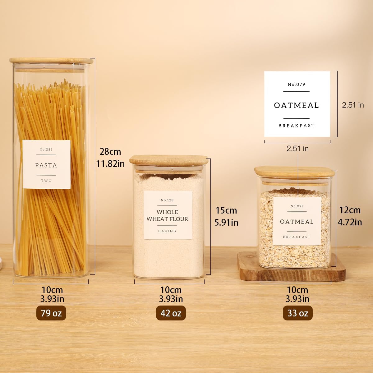 5 Pack Square Glass Pantry Storage Containers with 132 Kitchen Food Pantry Labels - Clear Glass Pantry Jars with Airtight Wood Bamboo Lids - Glass Canisters for Pasta, Cereal, Coffee, Flour, Sugar
