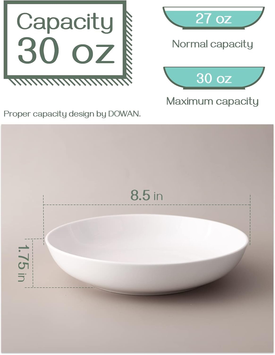 DOWAN 8.5" Pasta Bowls Set of 4, 30oz White Ceramic Shallow Dinner Bowls for Salad, Soup & Pasta, Stackable and Easy to Clean, Ideal for Everyday Use & Housewarming Gift