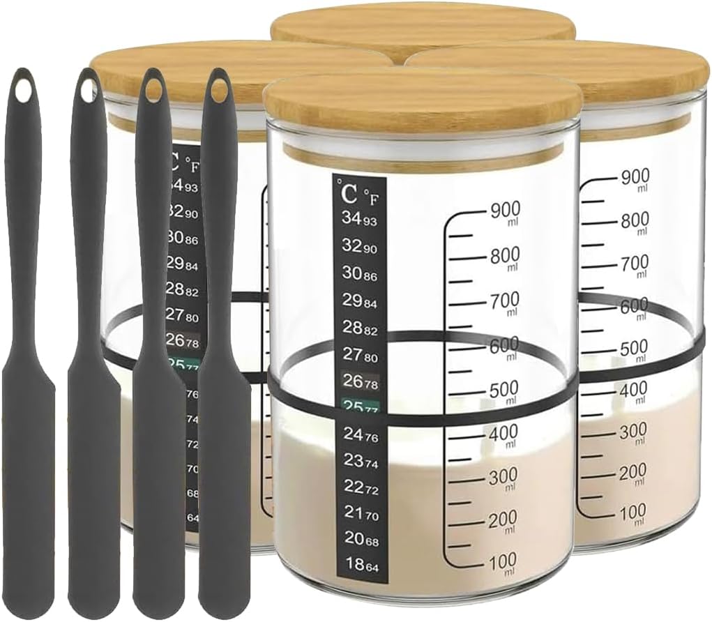 BRIRILINE Pro Sourdough Bread Starter Kit - 34 oz sourdough jar with 5 unique features for the perfect sour dough bread & sourdough starter kit - baking supplies (34oz-4pack)