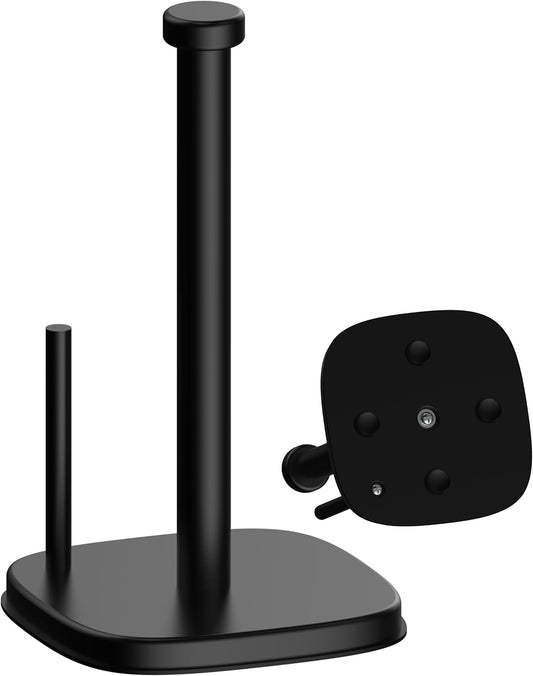 Paper Towel Holder Countertop, Standing Paper Towel Roll Holder for Kitchen Bathroom Organize, Stand with Weighted Base Suction Cups, Stainless Steel One-Handed Operation (Matte Black)