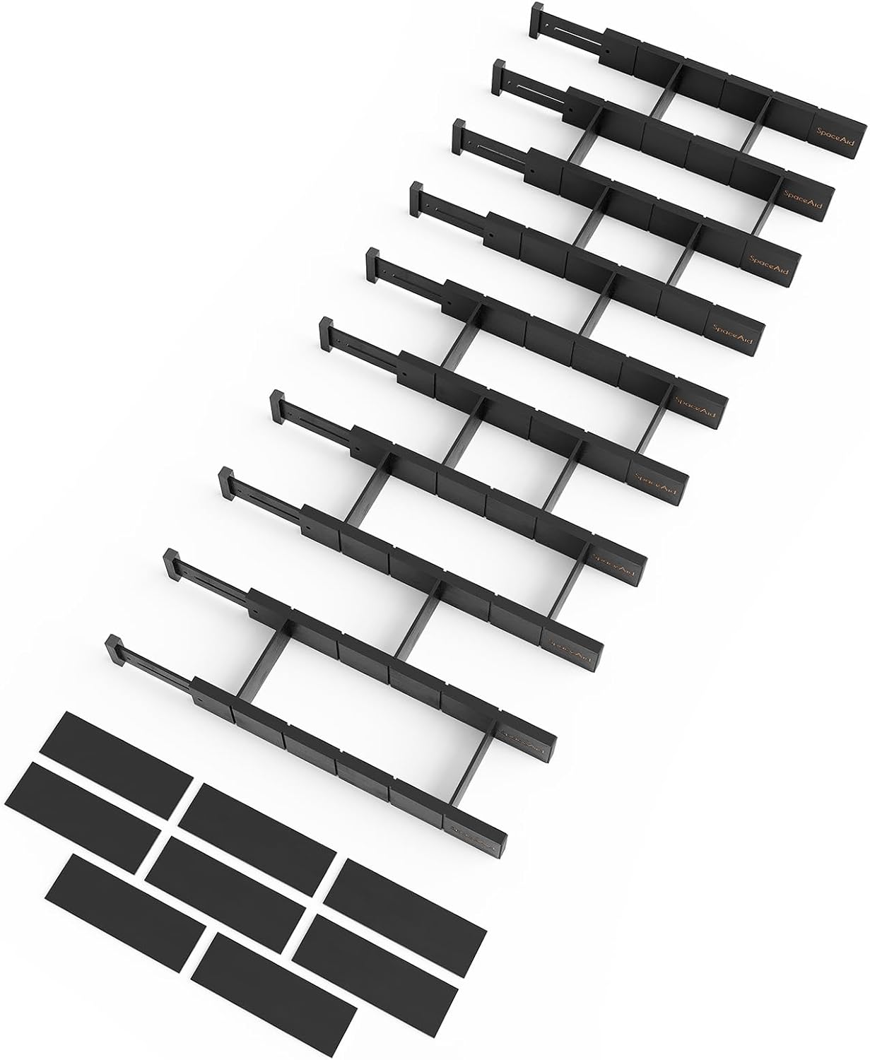 SpaceAid Bamboo Drawer Dividers with Inserts and Labels, Kitchen Adjustable Drawer Organizers, Expandable Organization for Home, Office, Dressers, 10 Dividers with 24 Inserts (17"-22" Black)