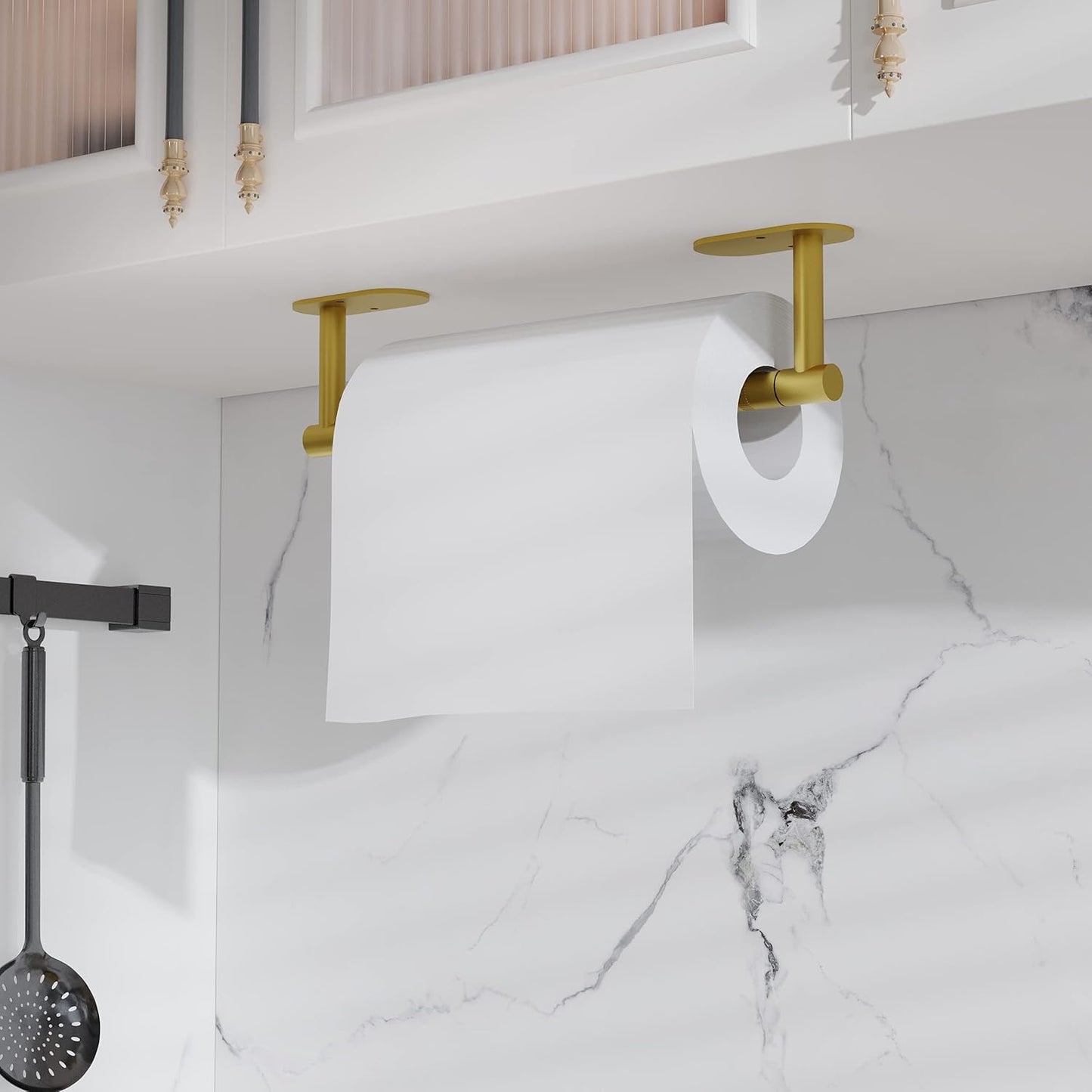 Ruacq Brushed Gold Paper Towel Holder Double Post Pivoting Round Base Under Cabinet Paper Towel Holder for Kitchen Self-Adhesive or Drill mounting