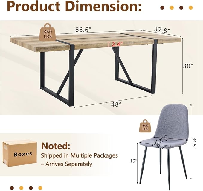 86.6" Dining Table Set for 8, Modern 9 Piece Wood Kitchen Table and Chairs Set, Rectangle Dining Room Table with 8 PU Leather Upholstered Chairs, Ideal for Home, Kitchen, or Apartment Dining