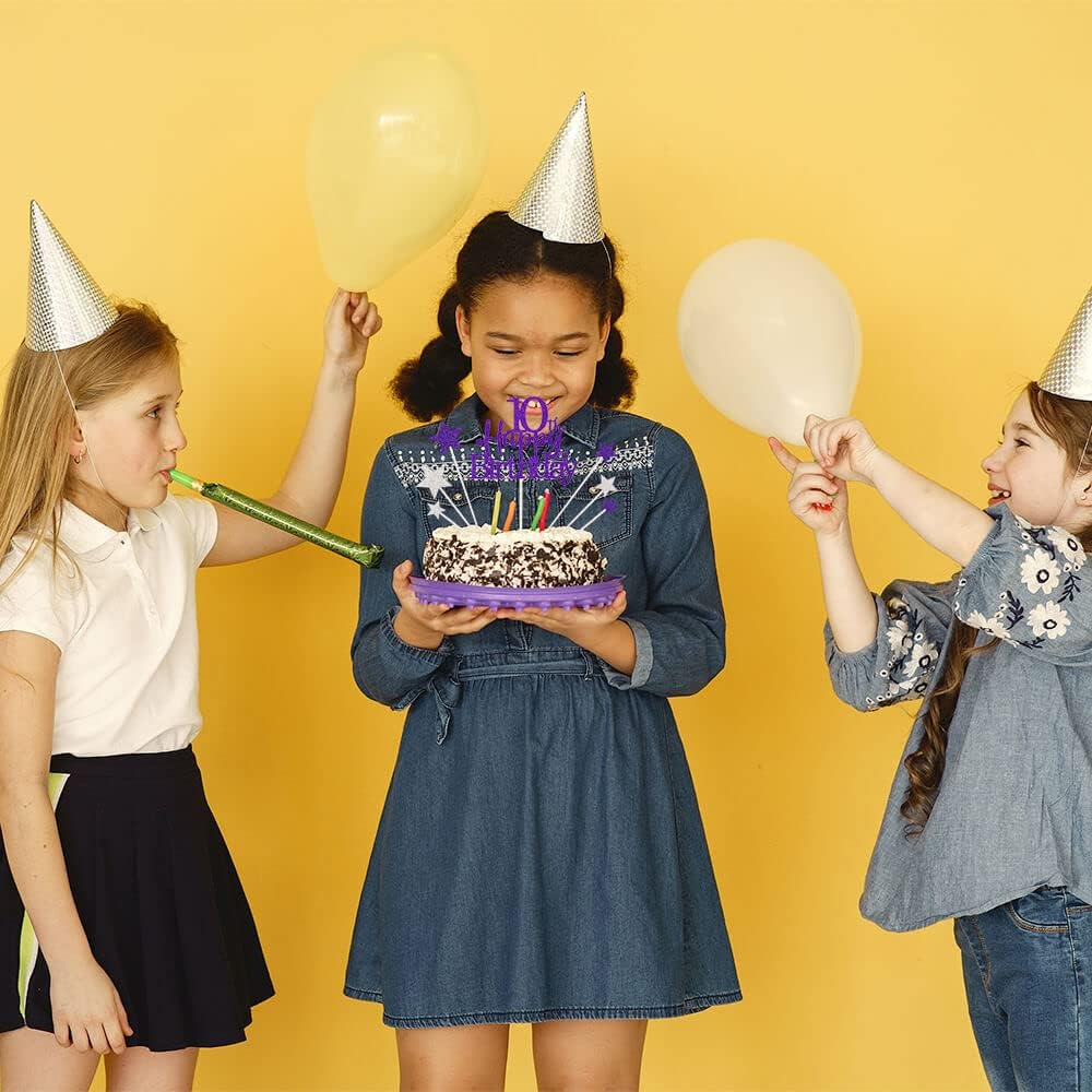 Glittery 10th Happy Birthday Cake Topper with Star,Personalised 10 Birthday Cake Toppers Party Decorations Party Supplies for Boys Girls Purple Silver