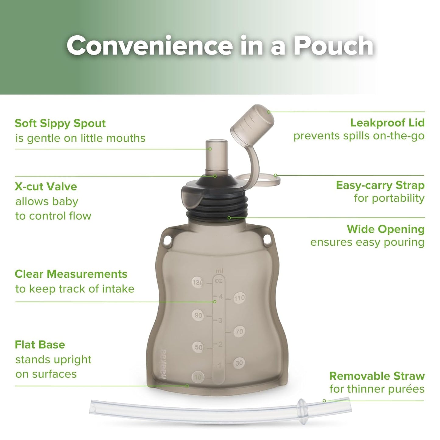 Haakaa Yummy Pouch Reusable Baby Food Pouch, Baby Food Storage Kids Squeezable Pouch, Washable Freezer - Make Homemade Organic Food for Babies/Toddlers, 4oz, 2 Pack,6m+