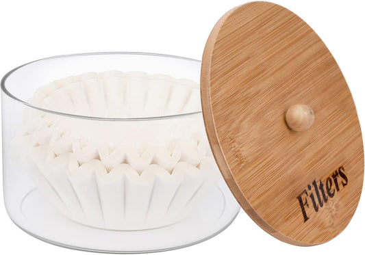 Coffee Filter Holder with Lid,Glass Coffee Filter Storage Container,Coffee Filter Dispenser,Rustic Coffee Filter Organizer Basket,Coffee Filter Container for Counter, Coffee Bar Accessories Decor