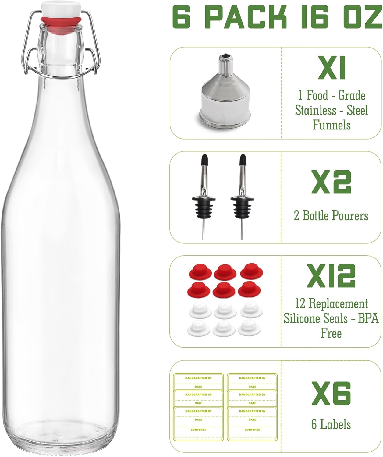 6 Pack [0.48 Liter / 16 fl. oz.] Swing Top Glass Bottles – Airtight Flip Top Brewing Bottles for Kombucha, Beer, Wine, Kefir, Soda, Liquor – Includes Funnel, 2 Pourers, 6 Seals, 8 Labels & Jute Twine