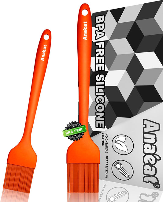 Anaeat Silicone Basting Pastry Brush- 2 Pack Heat Resistant Brushes with Soft Bristles, Hygienic Seamless Design, Marinade Brush Great in Baking for Spreading Oil Butter Sauce BBQ Grill (Orange)