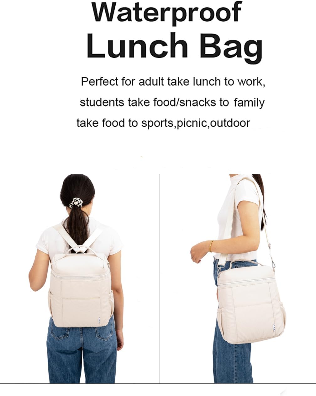 NOL Natural Organic Lifestyle Insulated Lunch Bags for Women Cooler Bag Lightweight Nylon Waterproof Lunch Box For Work (Cream, Large)