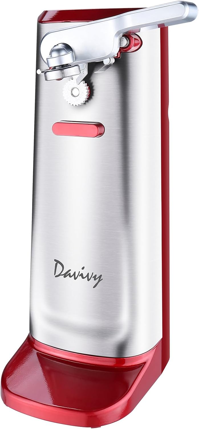 Davivy Electric Can Opener,Stainless Steel Slim Automatic Can Opener,One Touch Easy to Use for Arthritis (Silver+Red)
