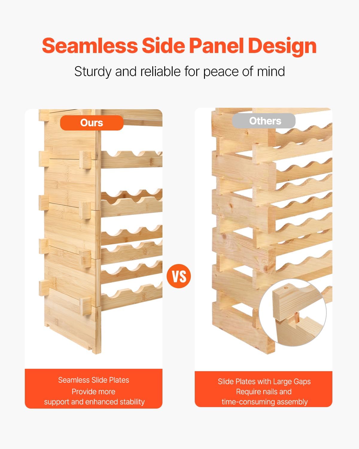 VEVOR Stackable Modular Wine Rack, 6-Tier 48 Bottles, Freestanding Wines Holder Display Shelf, Solid Bamboo Wood Storage Racks, Wobble-Free Shelves for Kitchens, Dining Rooms, Cellars, Natural Color