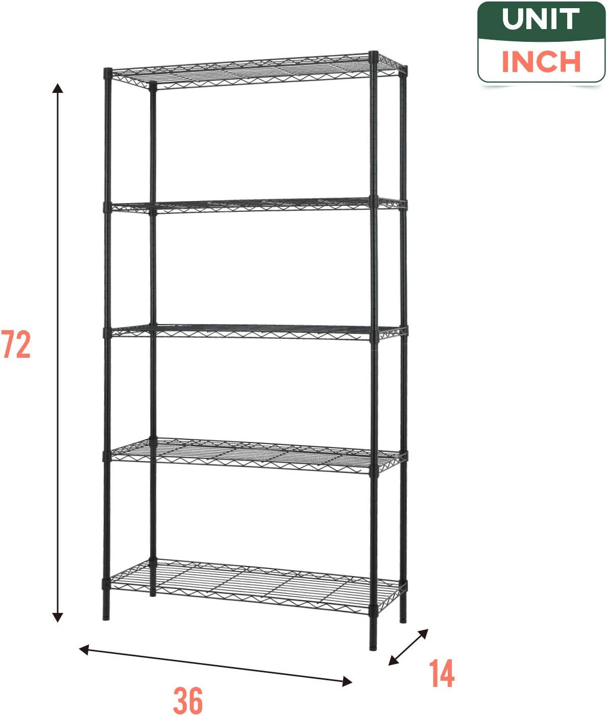 FDW 14" D×36" W×72" H Wire Shelving Unit Metal Shelf with 5 Tier Adjustable Layer Rack Commercial Strong Steel for Restaurant Garage Pantry Kitchen，Chrome