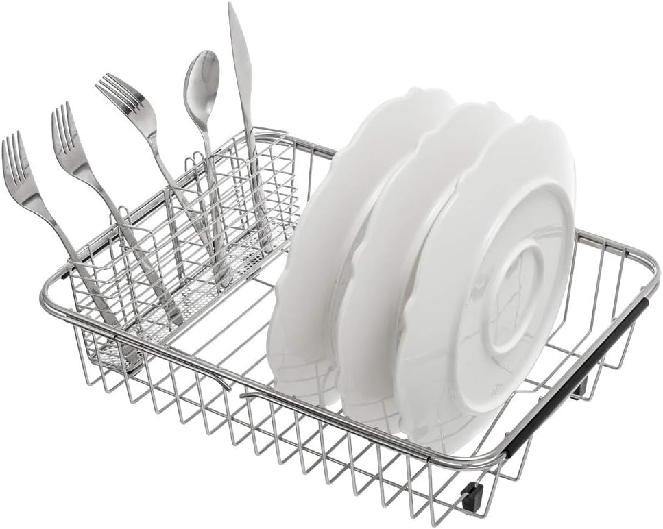 SANNO Expandable Dish Drying Rack,Large Dish Drainer Drainwith 4 Division Utensil Silverware Cutlery Holder, Expandable Dish Rack Shelf Dish Rack in Sink or Over Sink On Counter Stainless Steel