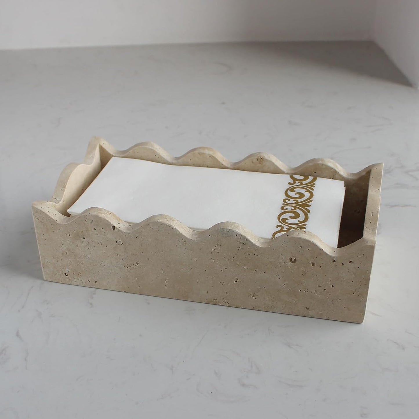 Natural Travertine Guest Towel Holder 9.8" × 4.9" for Bathroom, Rectangular Napkin Holder with Scalloped Edge, Tissue Hand Towel Tray for Dinner Table, Countertop Bathroom Vanity