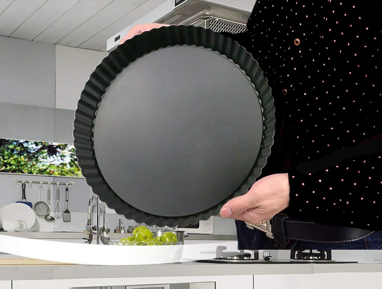 IELEK 12 Inch Non-Stick Tart Quiche Flan Pan Molds Round Removable Loose Bottom Fluted Heavy Duty Pie Pizza Pan