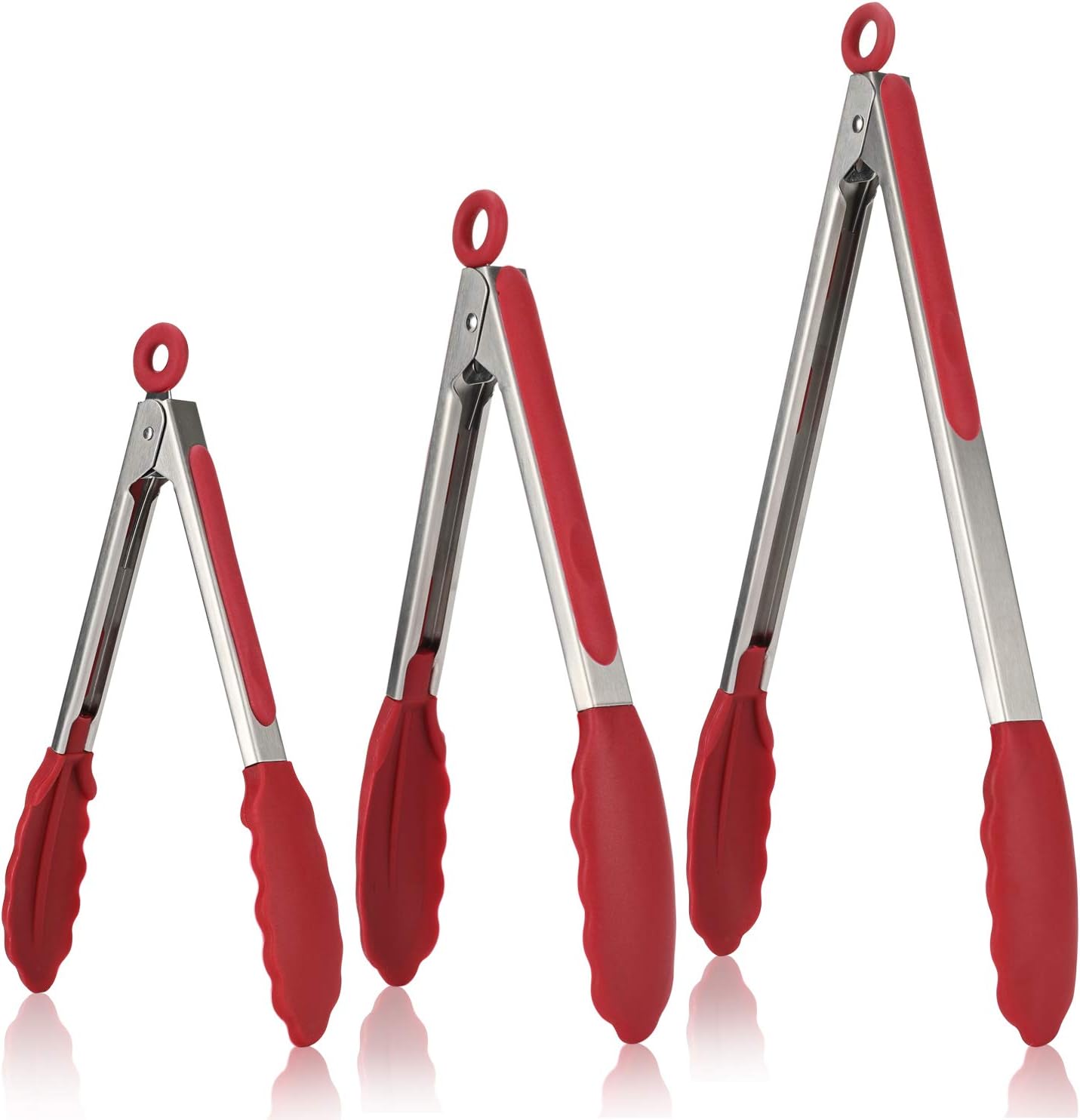 U-Taste Kitchen Tongs, 7/9/12 inches Cooking Tongs, with 480ºF High Heat-Resistant Non-Stick Silicone Tips, 18/8 Stainless Steel Handle, for Food Grill, Salad, BBQ, Frying, Serving, Pack of 3 (Red)