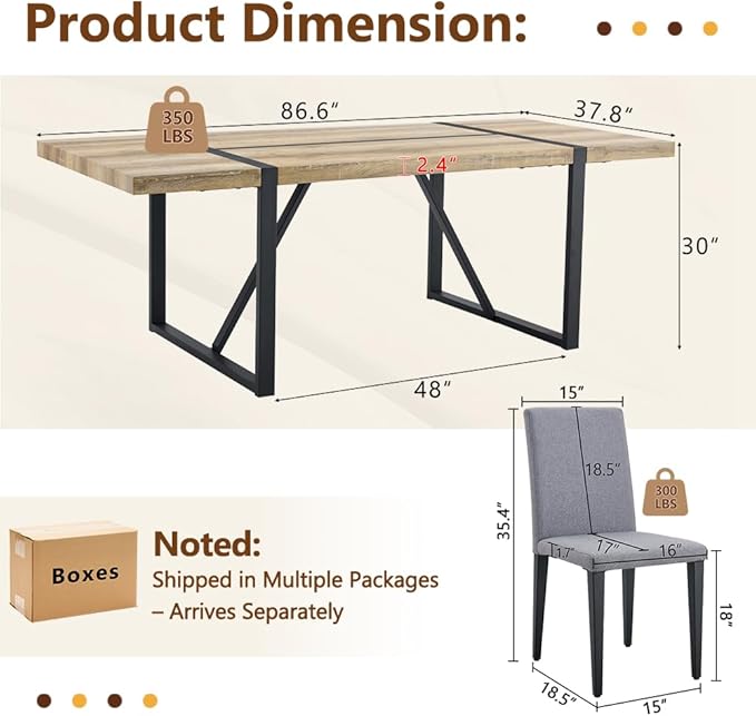 86.6" Dining Table Set for 8, Modern 9 Piece Wood Kitchen Table and Chairs Set, Rectangle Dining Room Table with 8 Linen Fabric Upholstered Chairs, Ideal for Home, Kitchen, or Apartment Dining