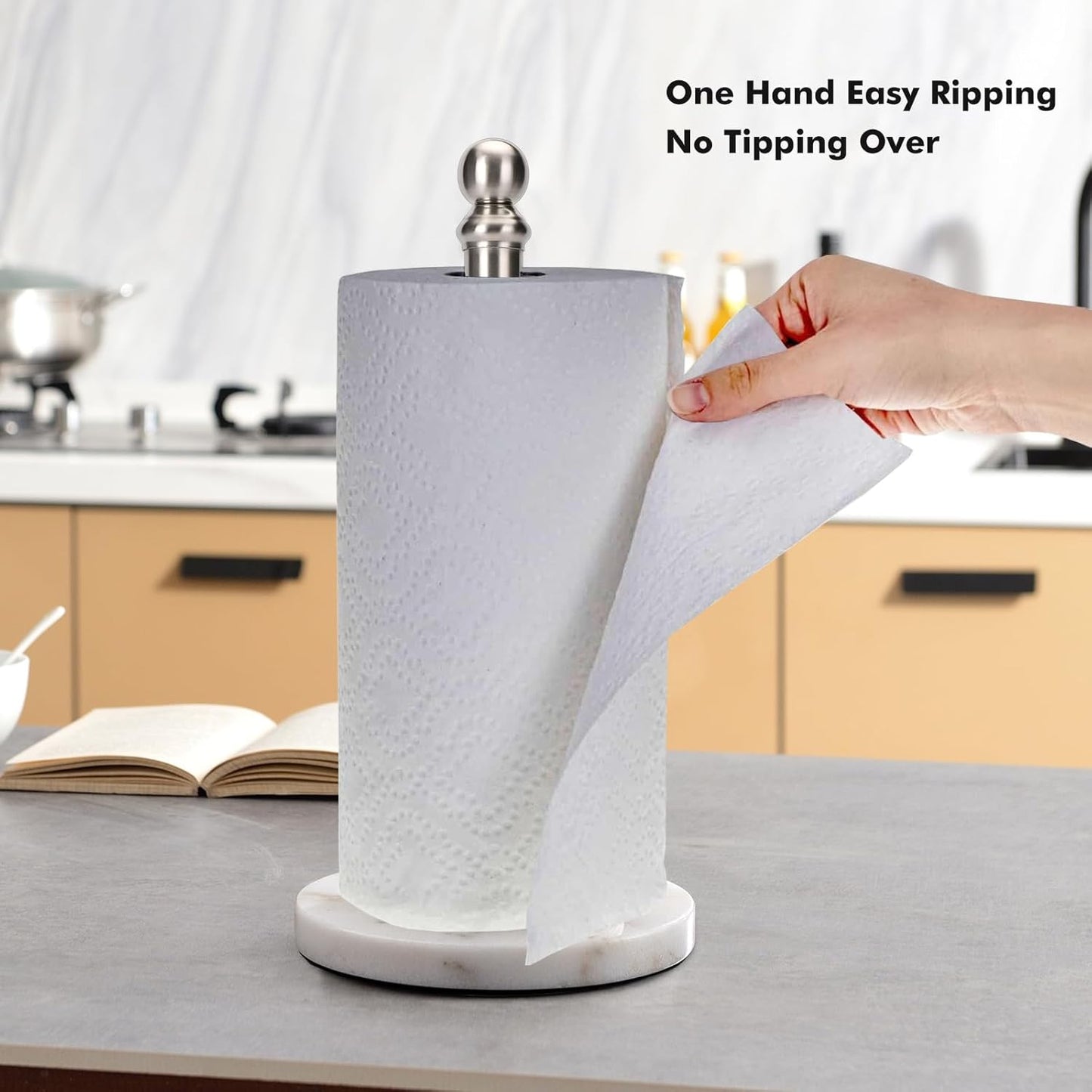 Paper Towel Holder Countertop with Heavy Marble Base, Standing Paper Towel Roll Holder for Kitchen Bathroom, with Weighted Base for One-Handed Operation