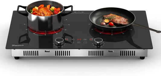 2 Burner Electric Cooktop 110V - 24 Inch Ceramic Stove Top Countertop & Built-in, 2000W Two Burner Radiant Electric Cook Top with LCD Touch & Knob Control, Timer, Safety Lock, 120V Plug in