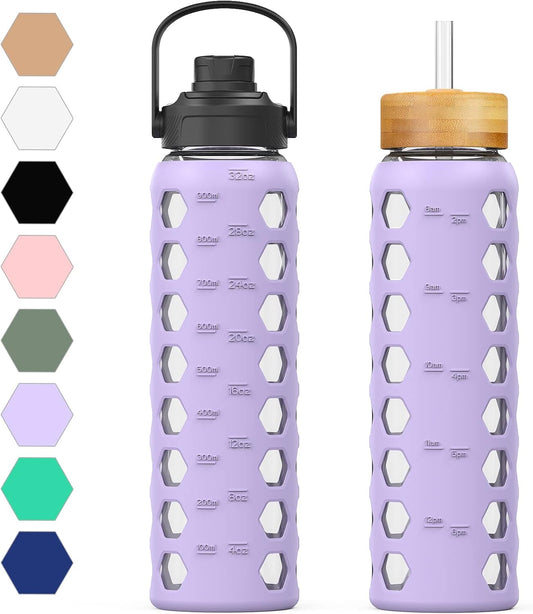 MUKOKO 32oz Glass Water Bottles with 2 Lids-Handle Spout Lid&Bamboo Straw Lid, Motivational Water Tumbler with Time Marker Reminder and Silicone Sleeve, Leakproof-Purple-1 Pack