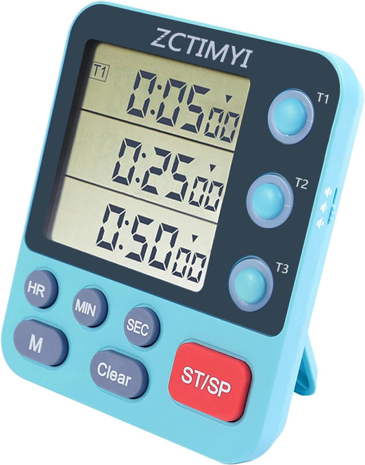 Dual Digital Timer for Kitchen Cooking, 3 Channels Count Down/Up Triple Timer for Kids, Presets Memort Large Display & Magnetic Back Adjustable Alarm Volume, Suit for Kids Teachers Studying, Blue