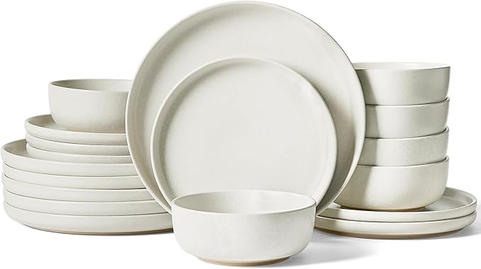 Famiware Milkyway Plates and Bowls Sets, 18 Pieces Dinnerware Sets, Reactive Glaze Dish Set, Stoneware Dishes Set for 6, Matte Beige White
