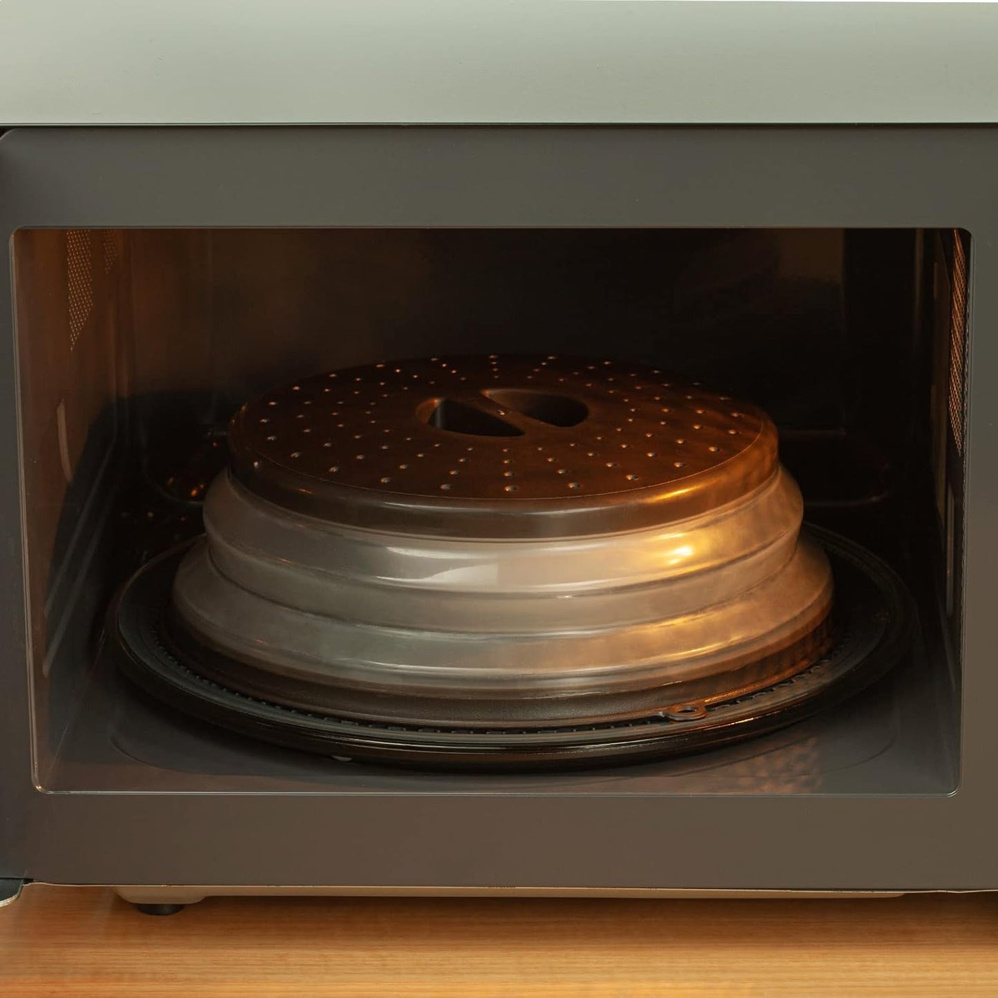 WENWELL Vented Collapsible Microwave Splatter Cover for Food,Kitchen dish bowl Plate lid Can be Hung,Dishwasher-Safe,Fruit Drainer Basket,BPA-Free Silicone & Plastic,gray