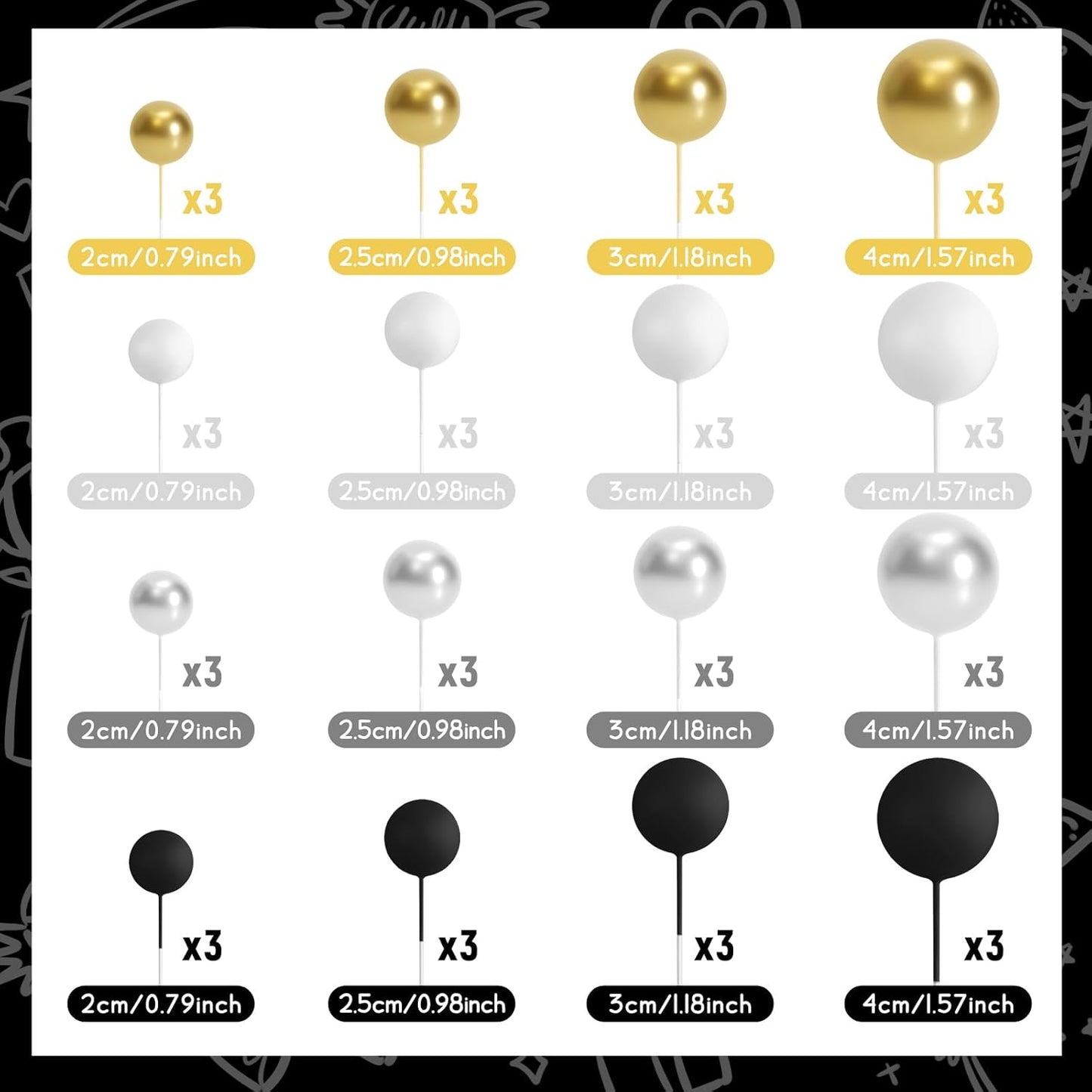 48 Pcs Balls Cake Topper Decorations Balloon Cupcake Toppers Foam Cake Topper Balls Cake Balls Decorations for Birthday Party Wedding Anniversary Cake Decorating (Black, Silver, White, Gold)
