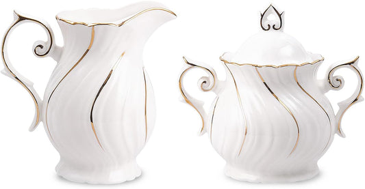 Sugar and Creamer Set Ceramic, Creamer Pitcher and Sugar Bowl with Lid, Creamer Pitcher with Handle,Sugar Cube Dish Coffee or Tea, White with gold thread