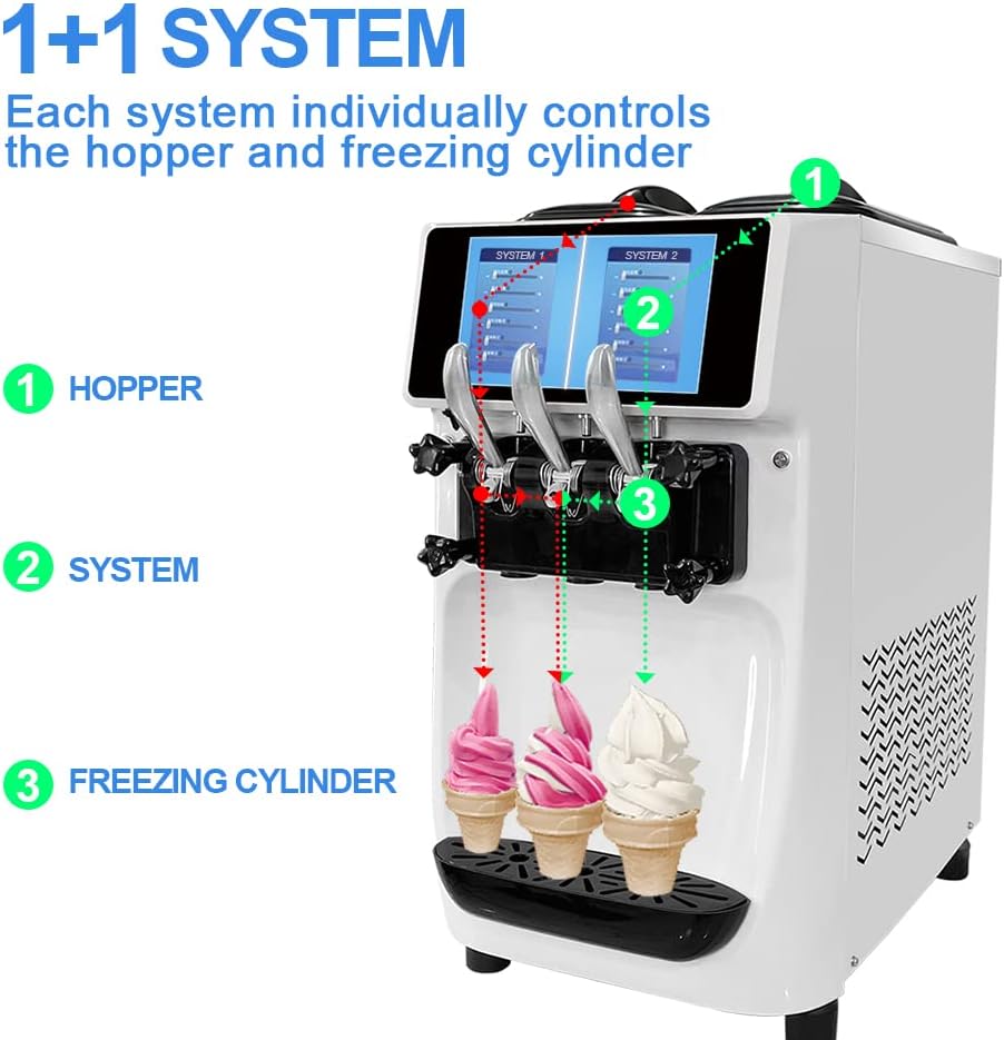 Commercial Ice Cream Maker Machine, 10 Inch LCD Touch Screen Dual System Independent Operation, 6.8 to 8.4 Gal/H Soft Serve Ice Cream Machine With Pre-cooling Frequency Conversion