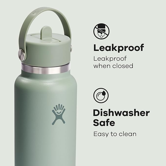 Hydro Flask Water Bottle - Insulated Stainless Steel - Wide Mouth Flex Straw Lid, Non Spill, Leakproof and Refillable in 32 Oz Tonal Agave