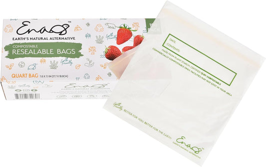 100% Compostable Food Storage Bags [Quart 100 Pack] Eco-Friendly Freezer Bags, Resealable Bags, Heavy-Duty, Reusable, Off-White by Earth's Natural Alternative