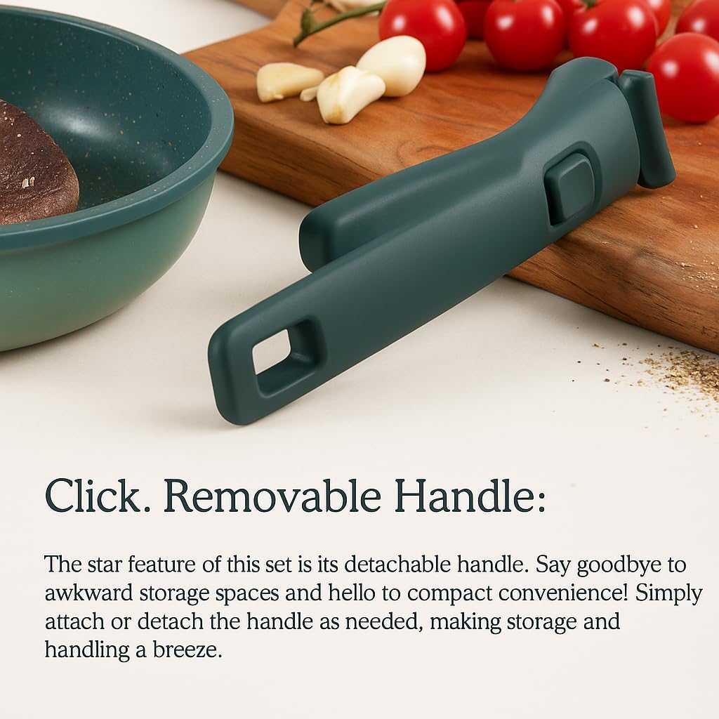 BytheTable Ombré Ceramic Titanium Non-Toxic, Nonstick Cookware Set 8-Piece Modular System with Removable Handle and Magnetic Lid, Magnetic Spatula, Eco-Friendly, Oven & Dishwasher Safe (Green)