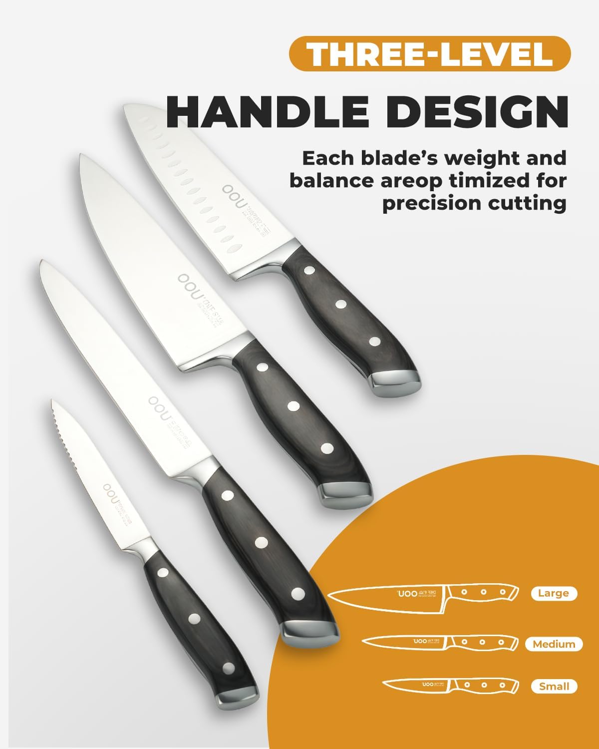 OOU 15-Piece Kitchen Knife Set with Block, German Stainless Steel Knife Blcok Set with Sharpening Rod, Ergonomic Wood Handle, Premium Cutlery Set with Steak Knives