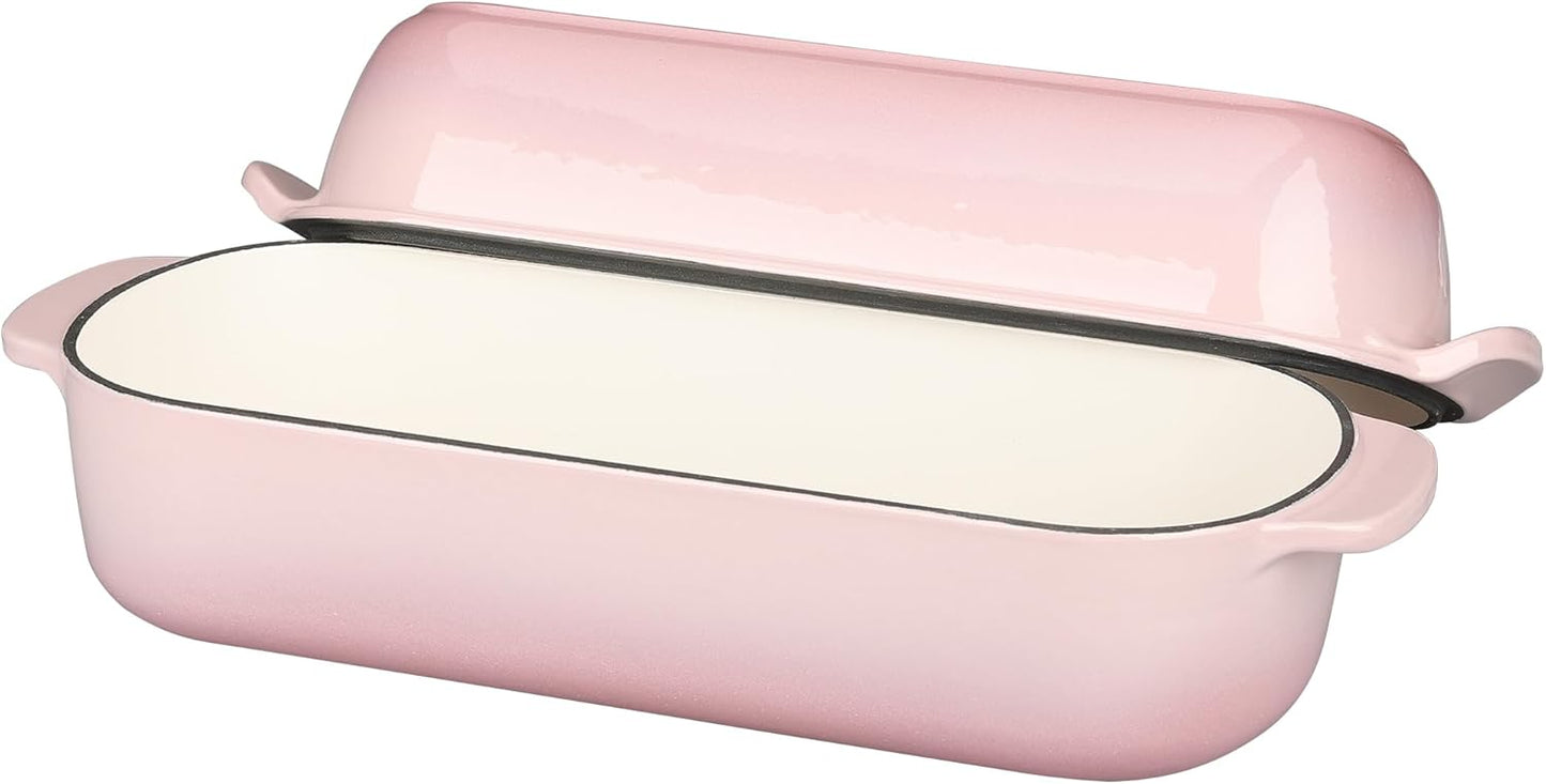 Enameled Cast Iron Loaf Pan with Lid, Dutch Oven for Homemade Bread Baking, 12.5x5.5 inch, 5Qt, Pink