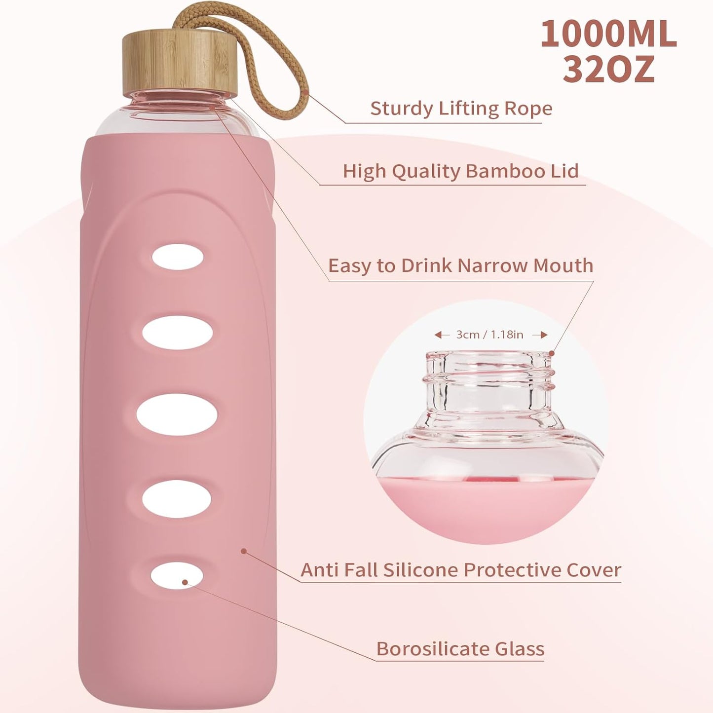 Sport 32oz Glass Water Bottle 1000ml /1 liter Borosilicate Glass Water Bottle Reusable Waterbottle Jugwith Silicone Sleeve and Unique Lid (Pink