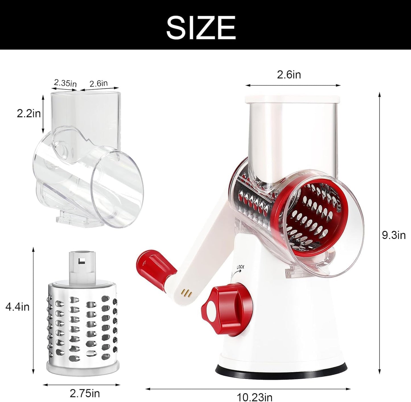 Cambom Rotary Cheese Grater Hand Crank Cheese Shredder for Fresh Cheese, Vegetable, Nuts,Non-slip Suction Base, Free Cleaning Brush Three Blades,Red White