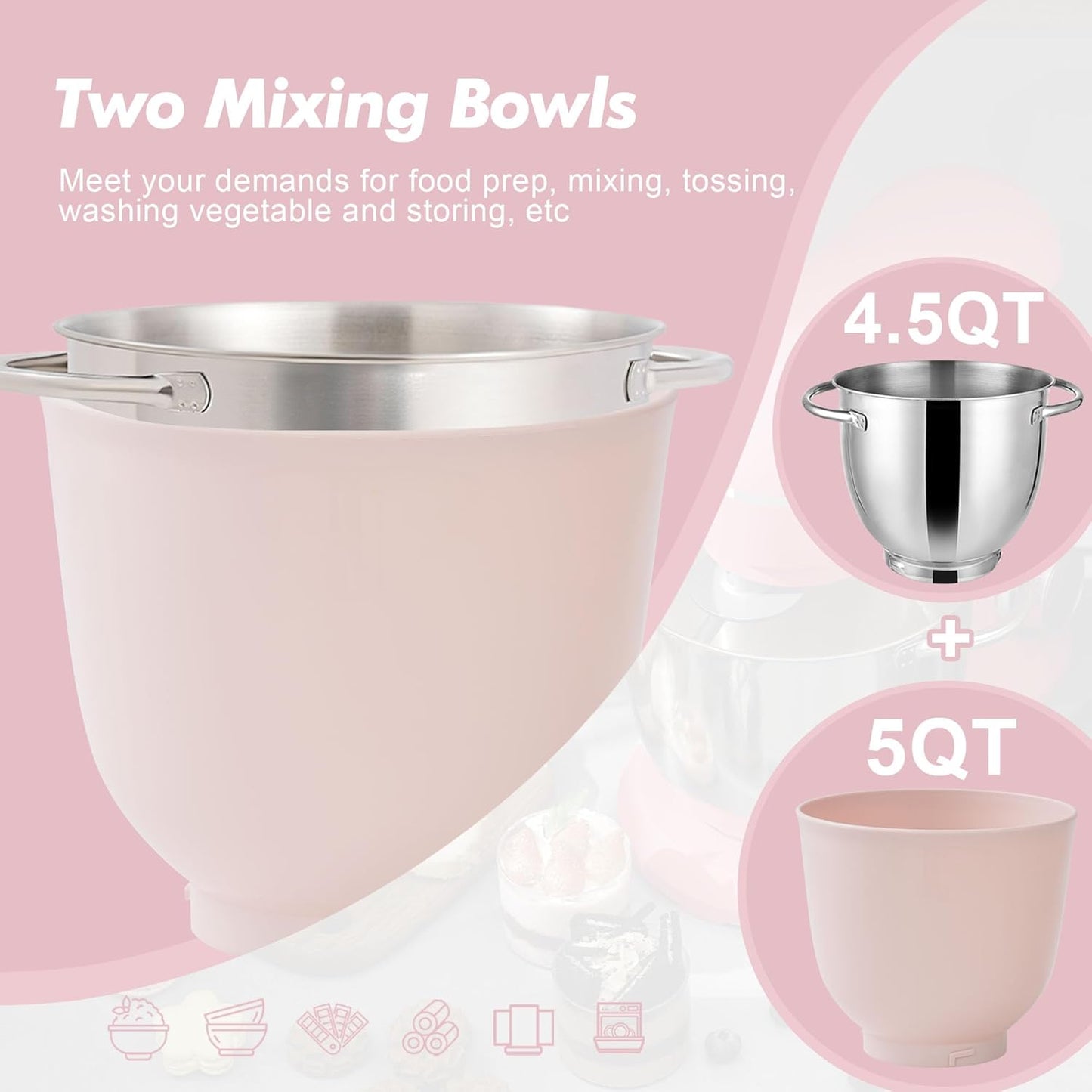 Kitchen in the box Stand Mixer, 4.5QT+5QT Two bowls Electric Food Mixer, 10 Speeds 3-IN-1 Kitchen Mixer for Daily Use with Egg Whisk,Dough Hook,Flat Beater (Rose Pink, 5QT)