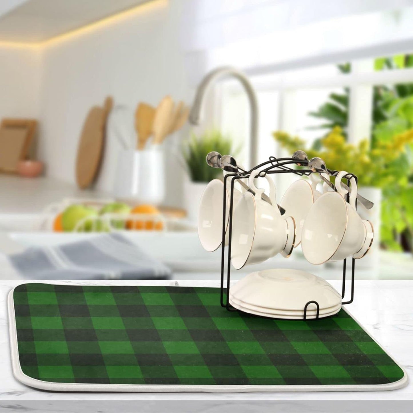 Senya Super Absorbent Dish Drying Mat, Microfiber Fast-Drying Dish Mat, 16/in x 18/in, Kitchen Dish Drying Pad Vintage Hunter Green Plaid