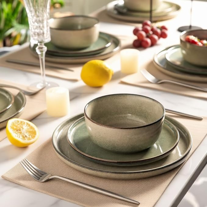 AmorArc Stoneware Dinnerware Sets for 4,Round Reactive Glaze Ceramics Plates and Bowls Set,Highly Scratch Resistant Dishware | Dishwasher & Microwave Safe Dishes Set,Service for 4 (12pc)