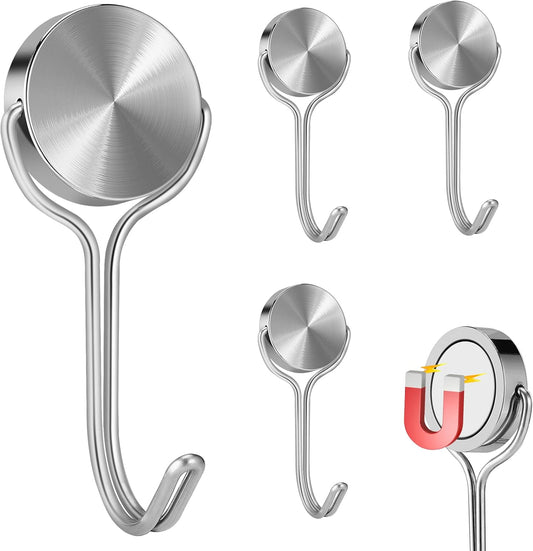 Magnetic Hooks, Heavy Duty 304 Stainless Steel Magnet Hooks for Cruise Refrigerator Grill,Strong Magnet with Hooks for Home Kitchen, Garage Toolbox,4pack （Silver,1.3in-1 40Lbs）