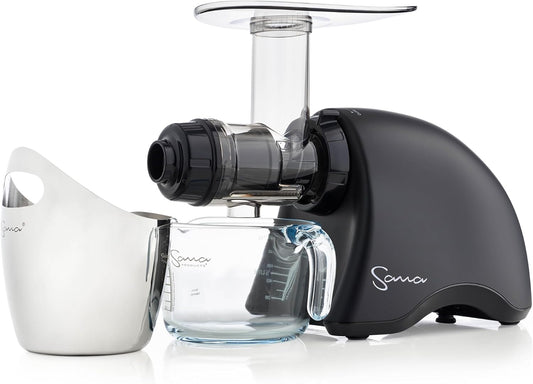 Cold Press SANA 707 Classic Horizontal Single Auger Low Speed Juicer | Easy Clean, Powerful, Auto Feed, Celery Attachment, Frozen Desserts, Pasta Extrusion, 15 Year Warranty, Black