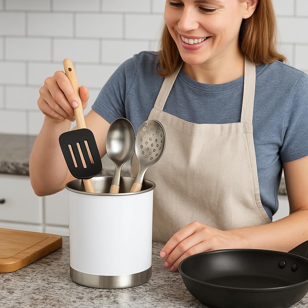 Creative Home Stainless Steel Utensil Holder– 6.3" Large Cooking Tool Organizer for Kitchen Decor and Countertop Storage, Stable Anti-Tip Design, Durable Powder-Coated Finish, White